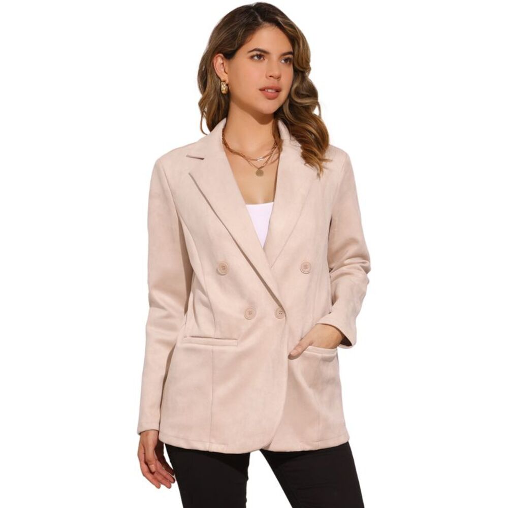 Faux Suede Business Casual Lapel Collar Double Breasted Suit Jacket Beige